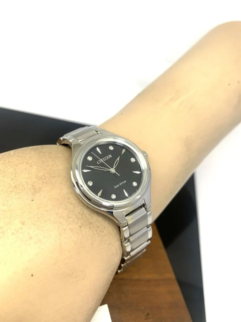 Citizen Womens Watch FE2100-51E Eco Drive Diamond Accent Black Dial Silver Steel
